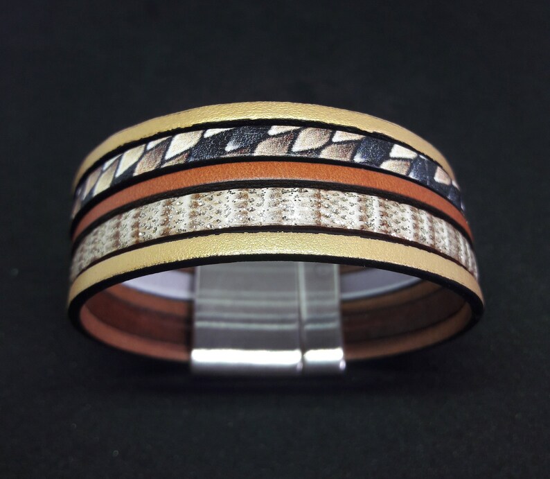 Small genuine leather cuff magnetic clasp silver plated with hook brown gold snakeskin fancy boho style