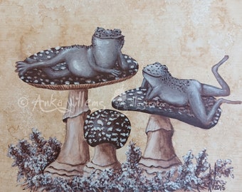 Kikkers op paddenstoelen schilderij