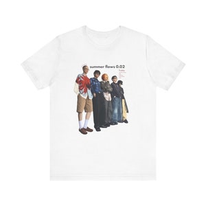 May include: White t-shirt with a graphic of six people in diverse outfits. The text "summer flows 0.02" is printed above the image, with a list of tracks below. The people are wearing shirts, trousers, and shorts.