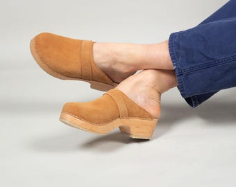 Camel Suede Swedish Clogs: Handmade Wooden Mules