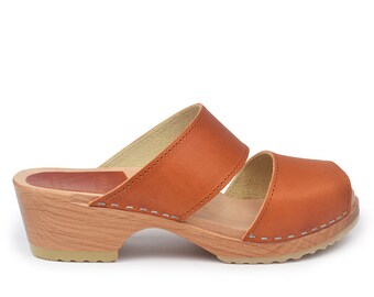 Swedish Clog Sandals Cognac / Two Straps Sandals / Low Heel Leather Clogs / Brown Clogs / Women's Clogs / Maguba Clogs / Tokyo Cognac