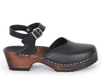 Vegan Black Clog Sandals: Wooden Heel, Ankle Strap Mules