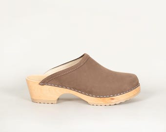 Handmade Brown Nubuck Leather Clogs: Swedish Style Wooden Mules