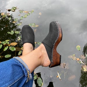 Black Nubuck Clogs: Handmade Swedish Wooden Mules