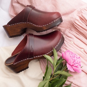 Swedish Burgundy Clog, Bordeaux Mules, Low Heel Wooden Clog