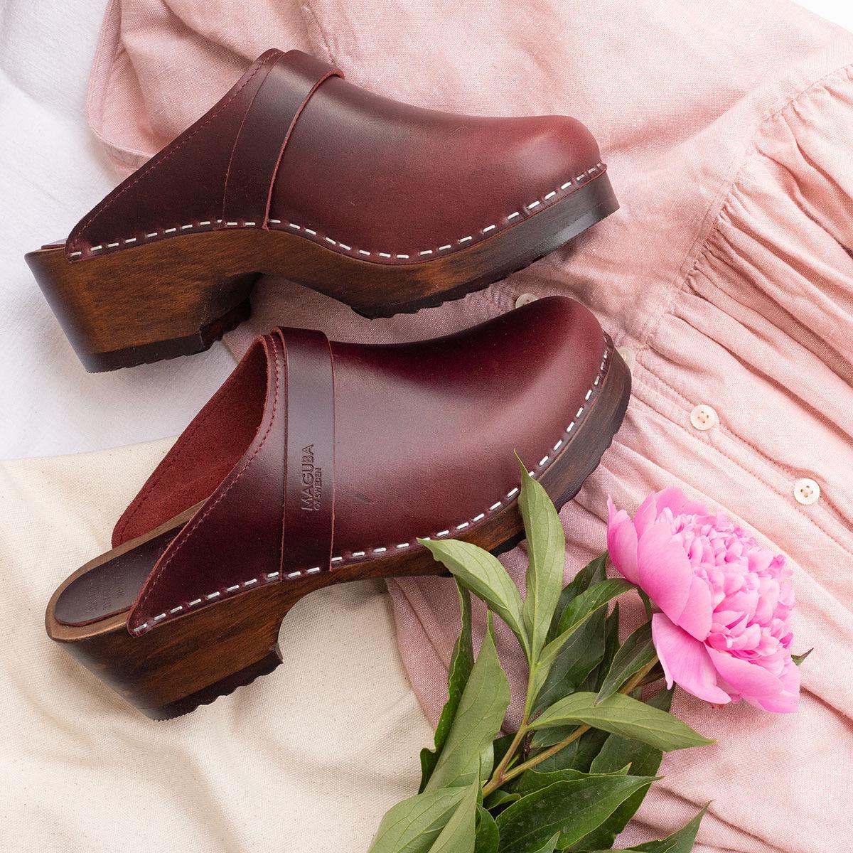 Burgundy Leather Clogs: Swedish Wooden Mules, Low Heel - Etsy