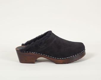 Black Leather Clogs with Wool: Swedish Low Heel Mules, Brown Wood