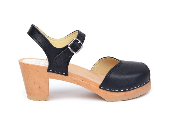 Peep Toe Clog Sandals Black Open Toe 