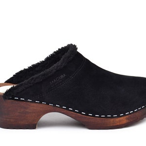 Swedish Classic Clogs with Wool Lining, Women Mules with Wool, Maguba Oslo Black Suede
