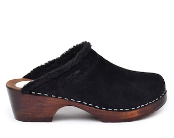 Sabots suédois classiques doublés de laine, mules avec laine pour femme, daim noir Maguba Oslo