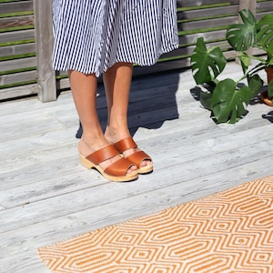 Swedish Brown Clog Sandals, Two Straps Sandals, Low Heel Wooden Sandals, Open Toe Clogs, Women Mule Sandals, Sabot, Tokyo Cognac
