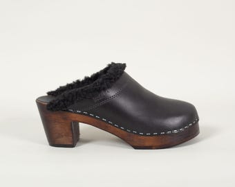 Black Leather Clogs with Wool: Swedish Mid Heel Mules, Brown Wood