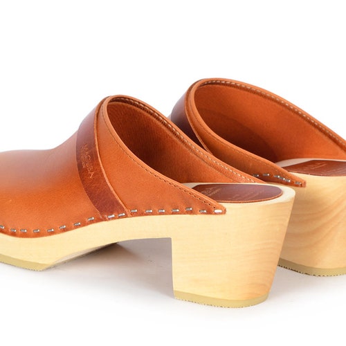 Swedish Mid Heel orders Wooden Clogs / Stockholm Cognac Leather Clog / Classic Heel Clogs for Women / Maguba Cognac Leather Clogs