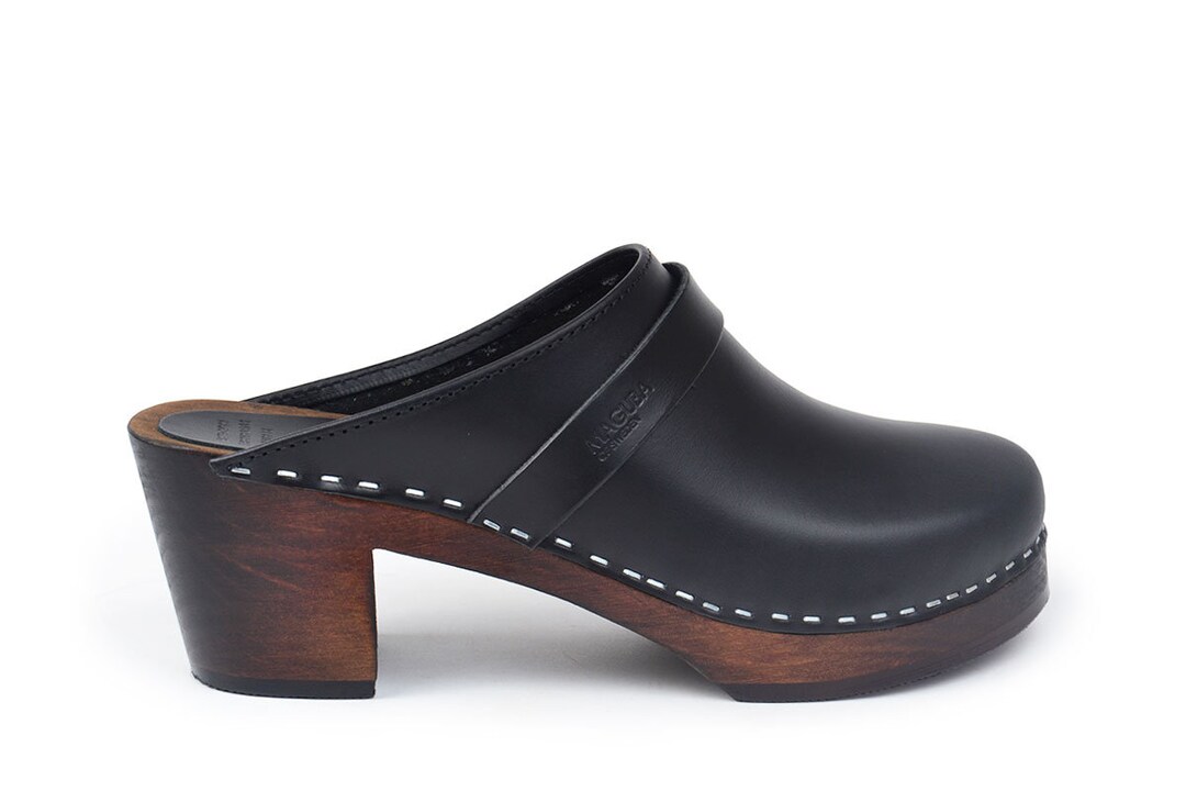 Mid Heel Clogs in Black, Swedish Clogs With Brown Heel, Womens Clogs ...