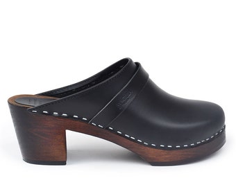 Mid heel clogs in black, Swedish clogs with brown heel, women’s clogs, Maguba clogs