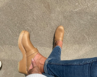 Swedish Wooden Clogs: Light Tan Leather Mules - Low Heel