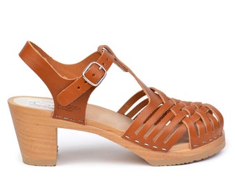 Swedish Clogs / Women's Clogs / Clog Sandals / Mid Heel Clogs / Leather Clogs / Boho / Maguba Clogs / Valencia Cognac / size 41