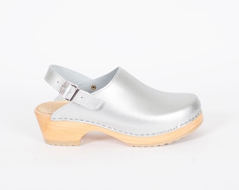 Silver Leather Clogs with Heel Strap: Handmade Swedish Mules