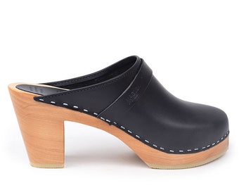 Zuecos suecos de cuero de tacón alto / Zueco de cuero negro de Estocolmo / Zueco de madera clásico en tacones altos / Zuecos de cuero Maguba para mujer