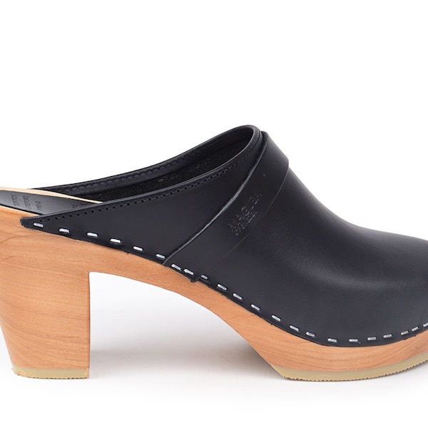 Swedish High Heel Leather Clogs / Stockholm Black Leather Clog / Classic Wooden Clog on High Heels / Maguba Leather Clogs for Women