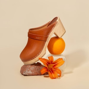 Swedish Brown Clogs, Wooden Heel Clogs for Women, Cognac Leather Clogs, Sabot Clogs, Handmade Mules, Classic Clog on Heels, Stockholm Cognac