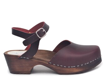 Swedish Low Heel Clog Sandals / Monterey Bordeaux Leather Clogs / Handmade Leather Clogs / Maguba Woden Clogs for Women