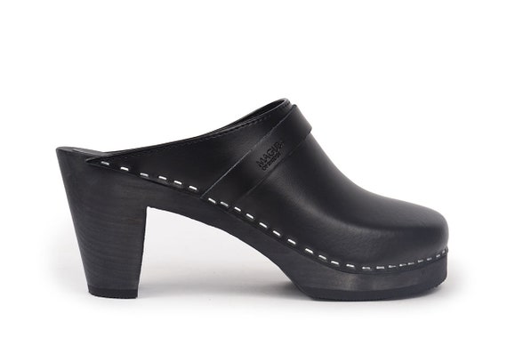 black high heel clogs