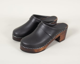 Black Leather Clogs: Swedish Mid Heel Mules, Brown Wood