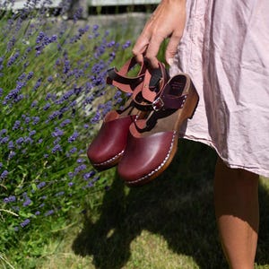 Burgundy Leather Clog Sandals: Swedish Wooden Mules, Low Heel