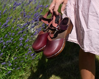 Swedish Clog Sandals, Burgundy Mules, Wooden Low Heel Clogs, Brown Wood Sandals, Closed Toe Women Sandals, Monterey Bordeaux Leather Clogs