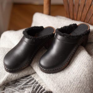 Black Leather Clogs with Wool: Swedish Mid Heel Mules, Brown Wood