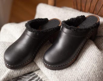 Black Leather Clogs with Wool: Swedish Mid Heel Mules, Brown Wood