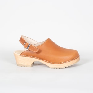 May include: A single brown leather clog with a wooden sole and a strap. The clog features a buckle closure and white stitching along the sole. The heel is approximately 2 inches high.