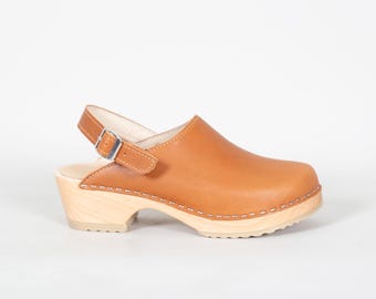 Camel Leather Clogs with Heel Strap: Slingback Swedish Wooden Mules