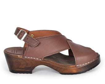Brown Leather Clogs, Astoria Crossover Sandals, Open Toe