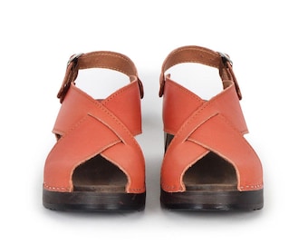Brown Leather Clogs, Astoria Crossover Sandals, Open Toe Wooden Shoes