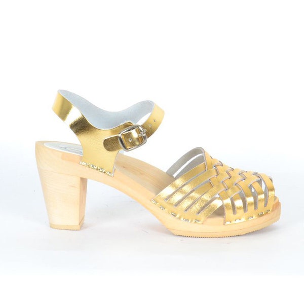 High Heel Clog Sandals Gold, Braided Clogs, Peep Toe Clog Sandals, Maguba Barcelona Gold size 40, 41