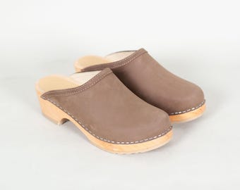 Handmade Brown Nubuck Leather Clogs: Swedish Style Wooden Mules