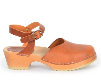 Swedish Comfy Clogs, Cognac Clog Sandals, Brown Low Heel Clog, Maguba Monterey Cognac,