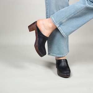 Black Clogs on Brown Wood, Classic Mid Heel Clogs, Sabot, Black Mules, Women Leather Clog, Swedish Mid Heel Mules, Stockholm Black Mid