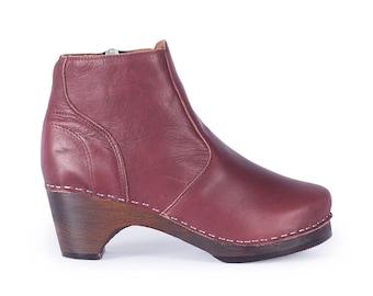 Low Heel Clog Boots, Bordeaux Clog Boots for Women, Wooden Classic Boots, Auckland Rosewood Low