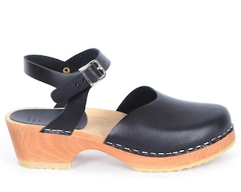 Black Leather Clog Sandals: Ankle Strap Wooden Mule, Low Heel