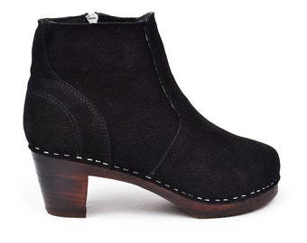 Swedish Shearling Mid Heel Clog Boots Black Suede | Maguba Clogs | Auckland Shearling Black Suede