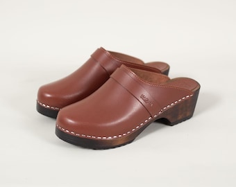 Handmade Brown Leather Clogs: Swedish Wooden Mules, Low Heel