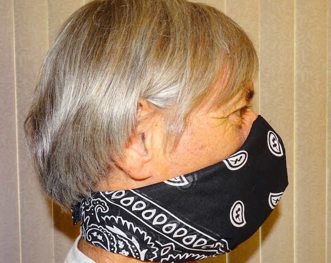 Black Bandanna face mask. multi layered with hook and loop fastening, washable
