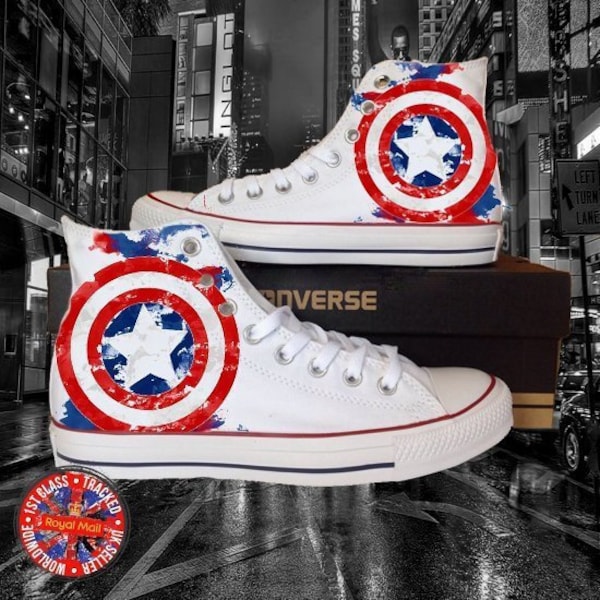 Marvel Inspired Captain America All Star White Converse, Gift Ideas, Exclusive, Limited Edition, USA, American, Fans