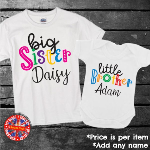 Big Middle Little Brother Sister Personalised Siblings Kids T-shirt, Babygrow Vest, Boys, Girls, Gift, Set, Events