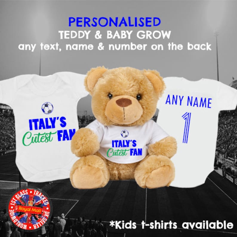 Made in the UK Soccer Mumbles Bear Italy/'s Cutest Fan Babygrow /& Teddy Bear Matching Personalised Gift Football