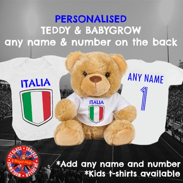 Italy Italia Babygrow & Teddy Bear Matching Personalised Gift, Football, Soccer, Mumbles Bear