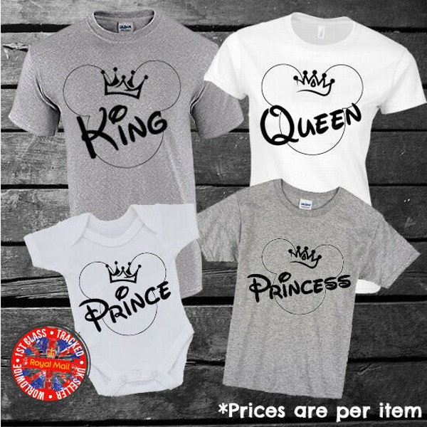 King Queen Prince Princess Matching Family T-shirt Set Gift Mens Ladies Kids Mum Mom Dad Son Daughter